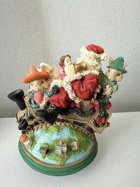 Vintage Santa Musical Rotating Music Box Train Christmas Rabbits Vtg